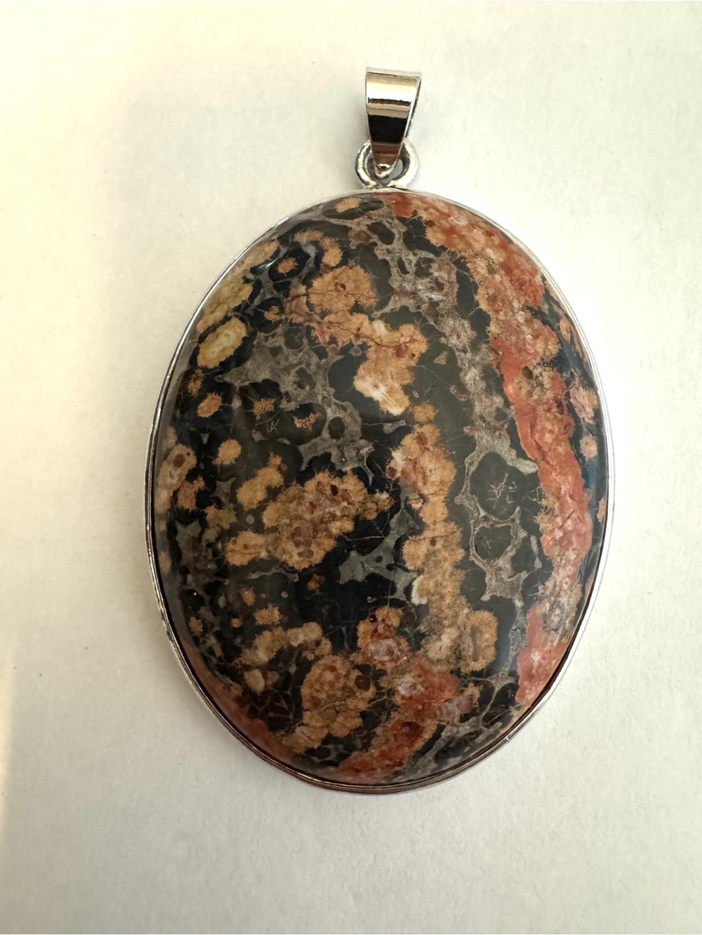 Silver-Trim Leopard Jasper Oval Pendant in Black and Brown